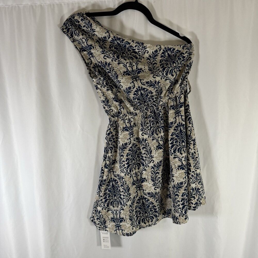 New Cupshe Beach Dress Women's XS Beige Blue Floral Elastic Waist Missing Belt